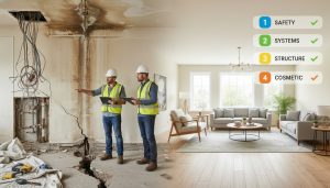 Split image showing damaged fixer-upper areas and repaired staged living room with checklist overlay