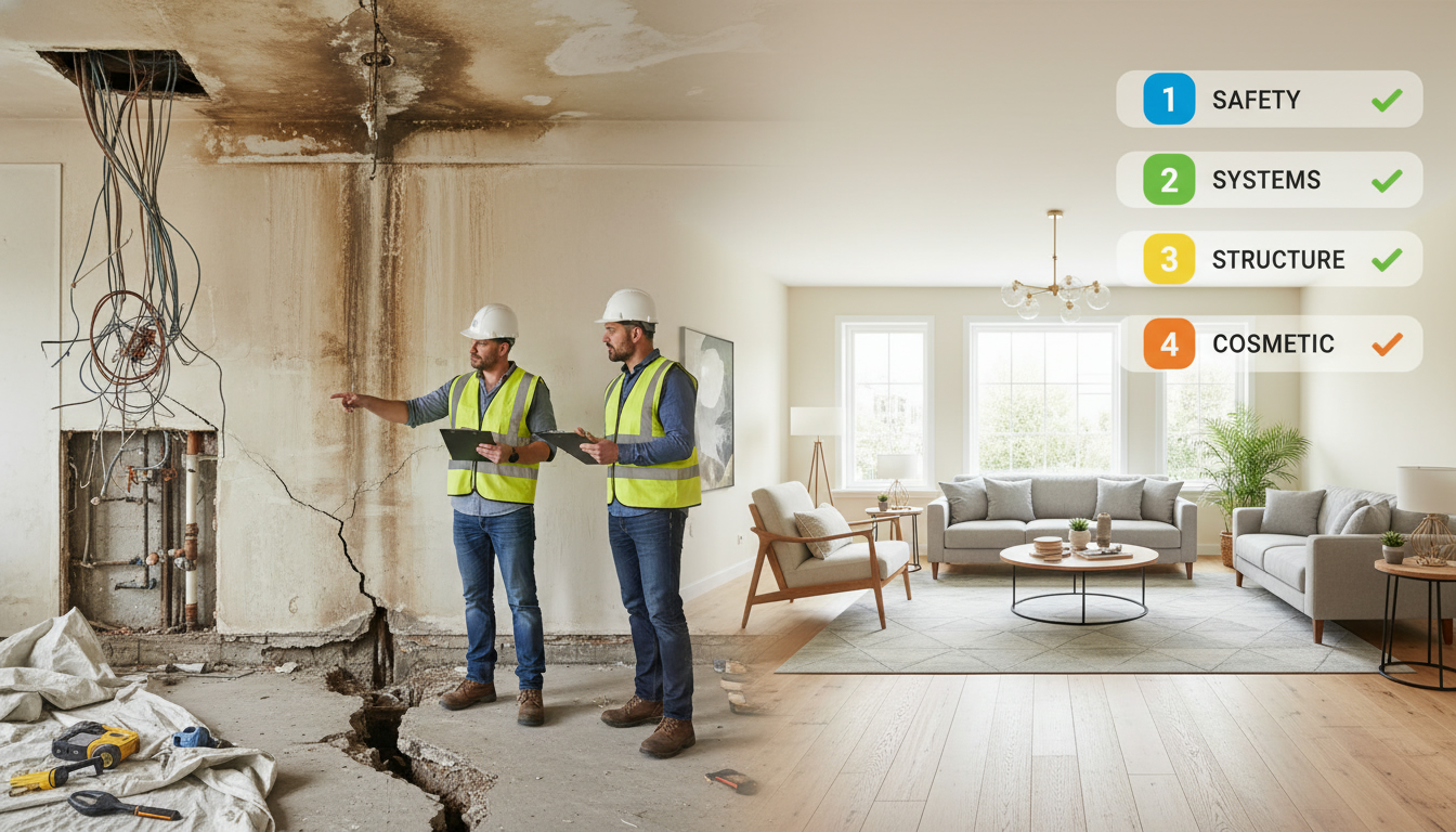 Split image showing damaged fixer-upper areas and repaired staged living room with checklist overlay