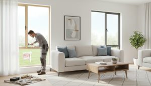 Living room staging with one window being repaired and another newly replaced, natural light, contractor with tools