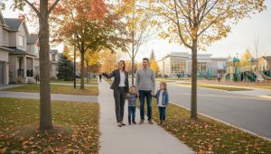 Realtor showing family a safe, well-lit neighbourhood in Ontario with community centre and playground.