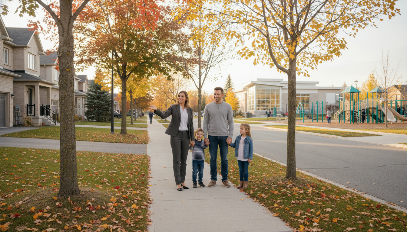 Realtor showing family a safe, well-lit neighbourhood in Ontario with community centre and playground.
