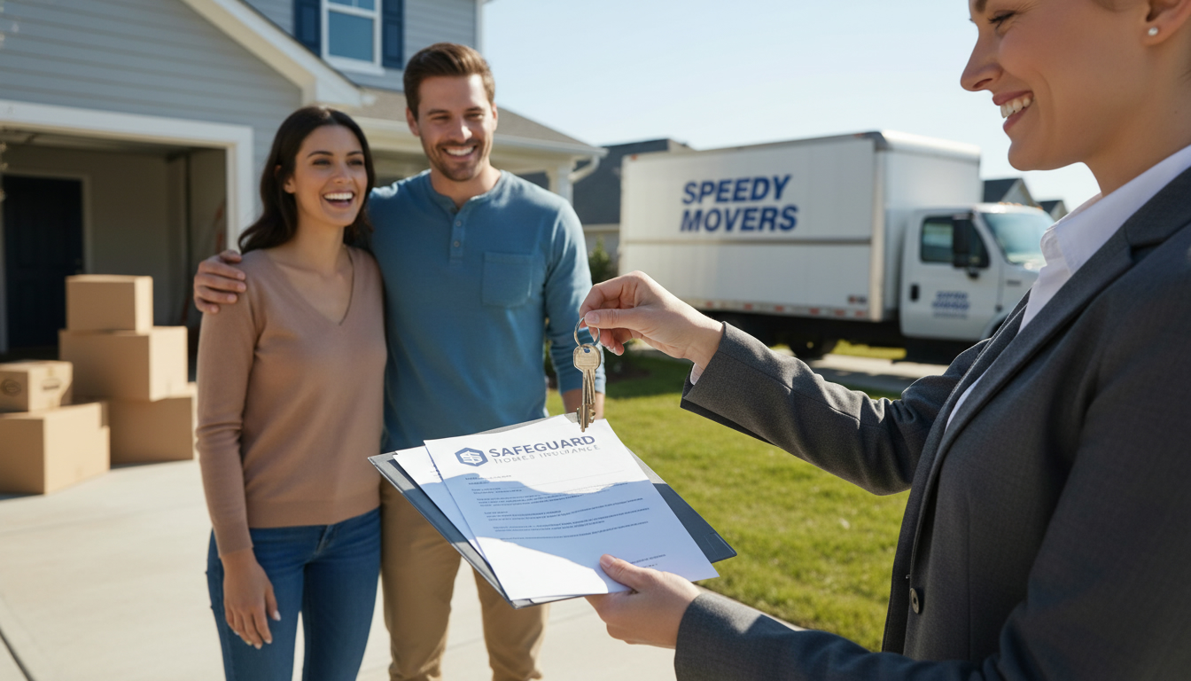 Realtor handing keys and insurance documents to a couple in front of their new home with moving boxes nearby
