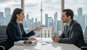 Realtor advising foreign seller with Toronto skyline and documents labeled CRA and Certificate of Compliance