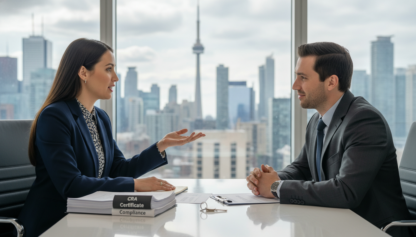 Realtor advising foreign seller with Toronto skyline and documents labeled CRA and Certificate of Compliance