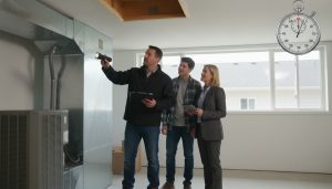 Home inspector with clipboard checking a house while buyers and realtor observe; stopwatch overlay showing 2–3 hours