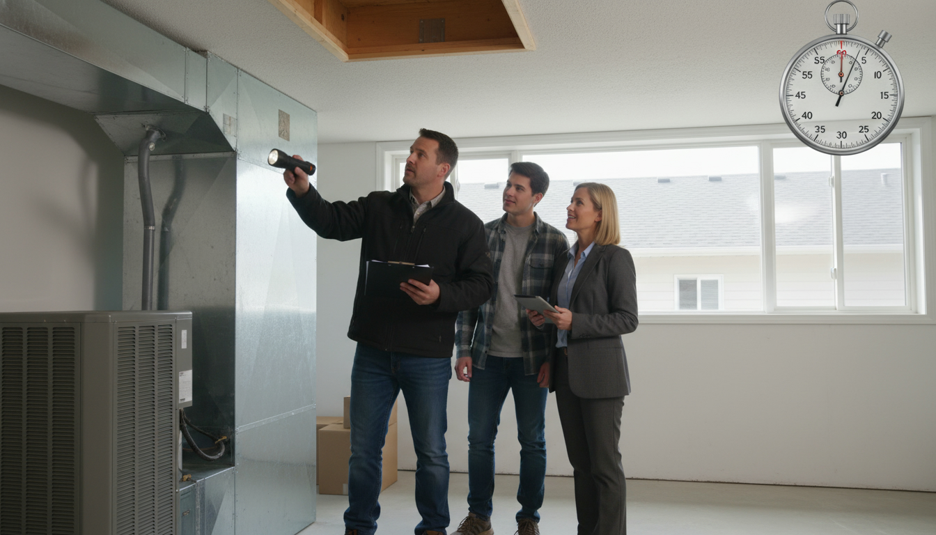 Home inspector with clipboard checking a house while buyers and realtor observe; stopwatch overlay showing 2–3 hours