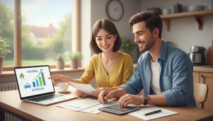 Homeowner and driver reviewing bundled insurance documents with a laptop chart showing savings