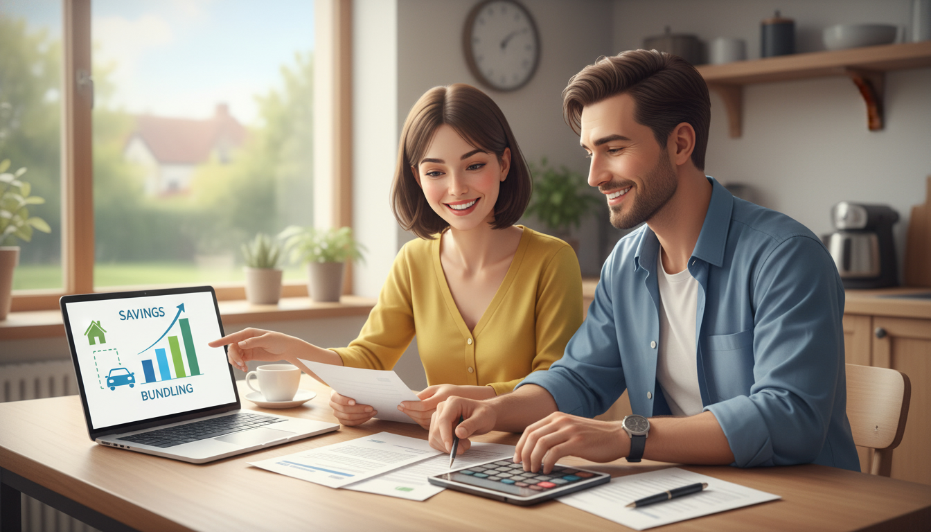 Homeowner and driver reviewing bundled insurance documents with a laptop chart showing savings