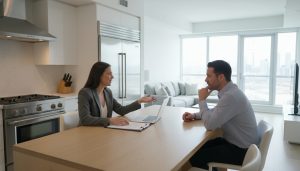 Realtor negotiating an offer at a kitchen table with appliances and furniture visible in a modern home.
