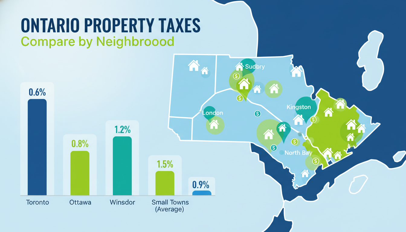 Infographic map of Ontario showing property tax differences by municipality with bar charts and house icons.