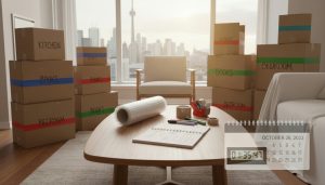 Labeled moving boxes, planner with packing timeline, and packing supplies in a bright living room during a move.