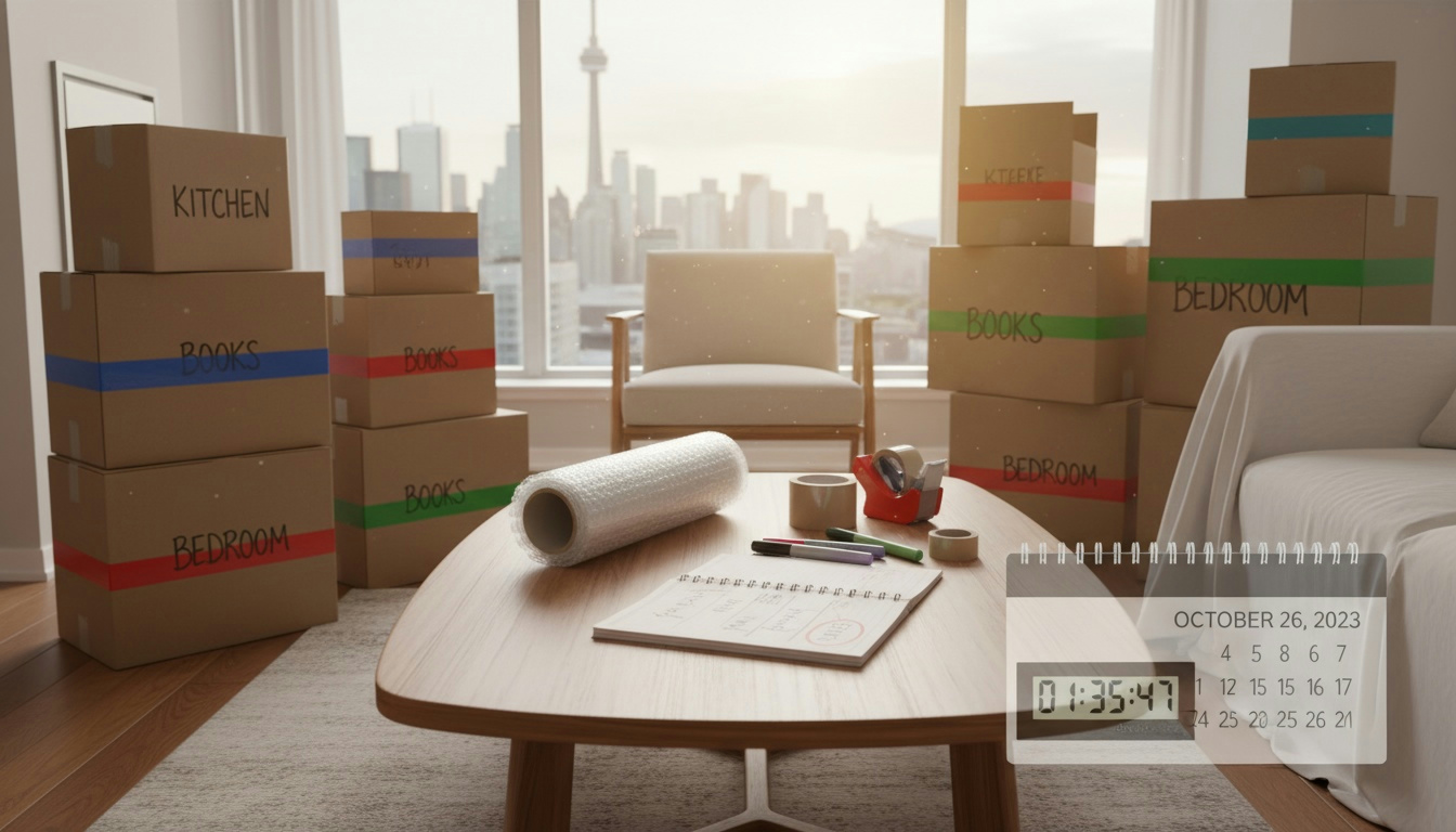 Labeled moving boxes, planner with packing timeline, and packing supplies in a bright living room during a move.