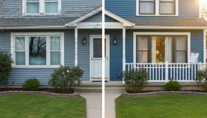 House with old fogged windows on left and new energy-efficient windows on right, showing clear before-and-after comparison.