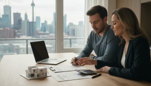 Realtor reviewing HST paperwork with home buyers at a kitchen table