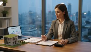 Real estate agent reviewing home offer with contract, calculator, and market comparables on laptop