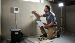 Home inspector checking a basement wall, sump pump, and humidity meter during waterproofing evaluation