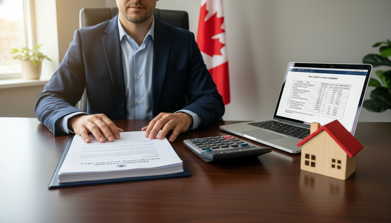 Lawyer calculating closing costs with house model and contract in a modern Ontario office
