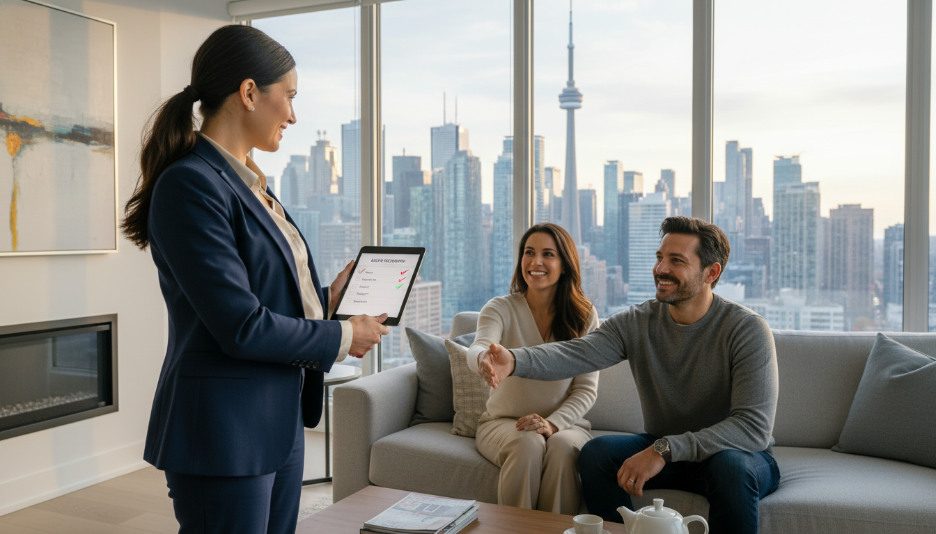 Real estate agent interviewing a couple with checklist on tablet in a modern home near Toronto skyline