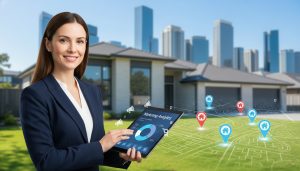 Real estate agent using digital marketing tools (tablet with analytics, map pins) to attract relocation buyers