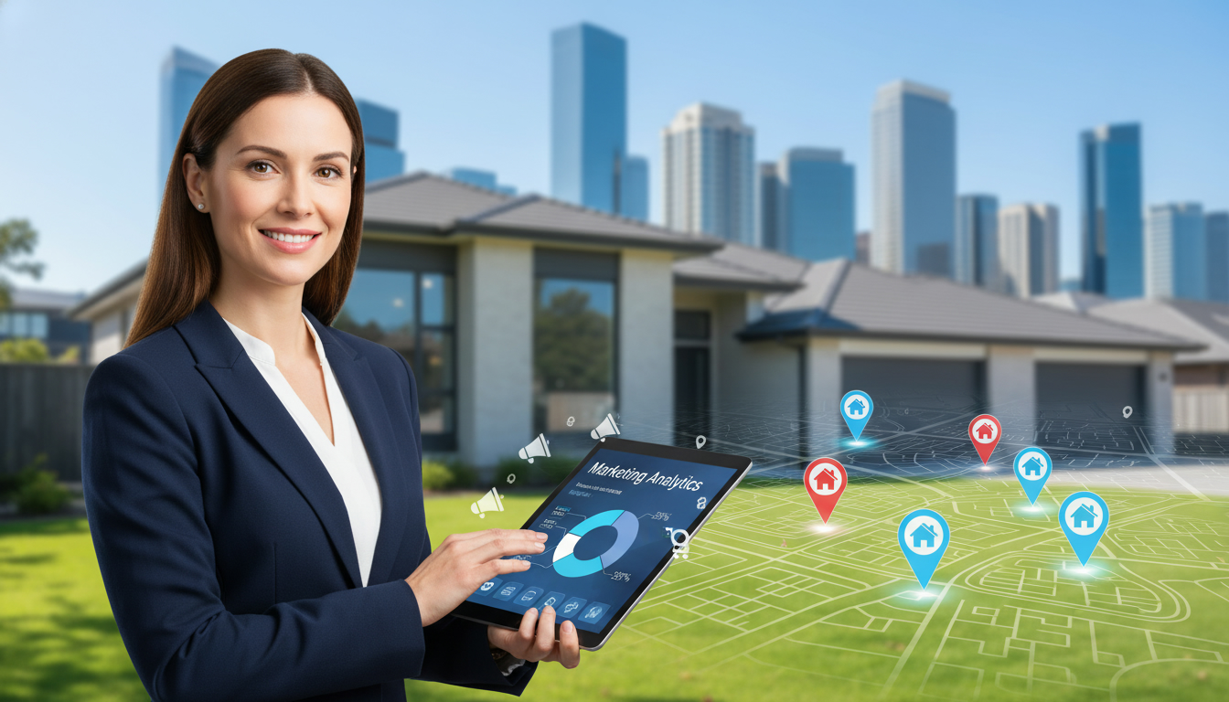 Real estate agent using digital marketing tools (tablet with analytics, map pins) to attract relocation buyers