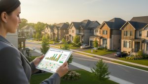 Real estate agent reviewing sale-to-list ratio data on a tablet with Guelph neighborhood in background