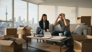 Realtor advising homeowner with moving boxes and calendar marked 'Closing Day' in Toronto apartment