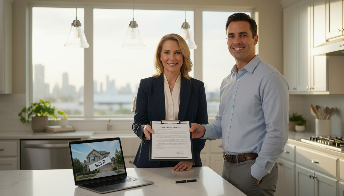 Realtor handing a signed home purchase offer to a seller in a modern kitchen