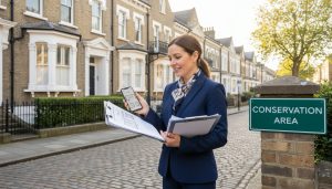 Real estate agent reviewing planning documents outside historic conservation area houses