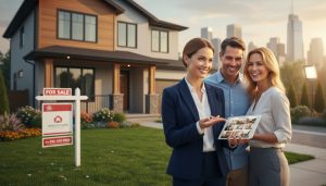 Confident real estate agent showing a modern suburban home to a smiling couple with a For Sale sign and tablet displaying market stats.