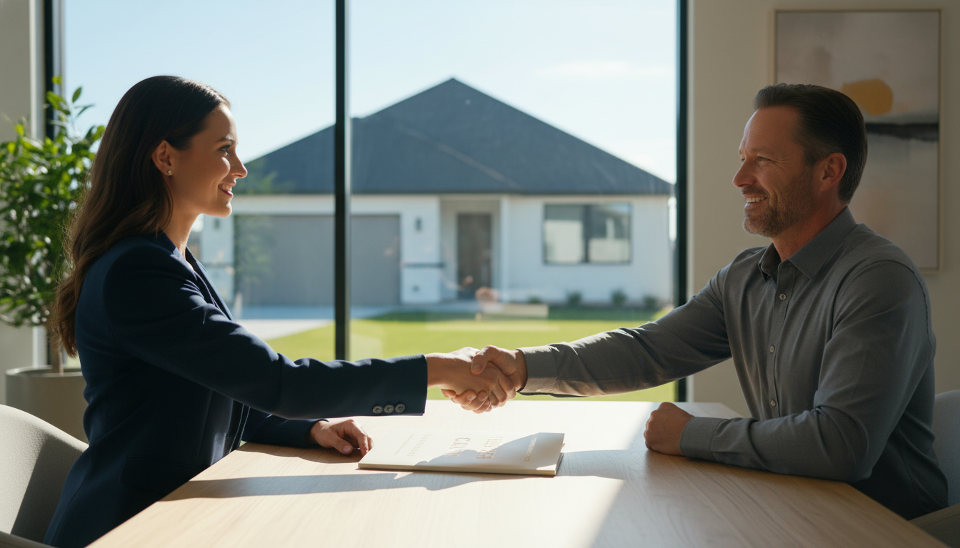 Realtor handing all-cash offer folder to seller with house in background