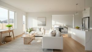 Staged modern living room and kitchen clean and ready for home showing