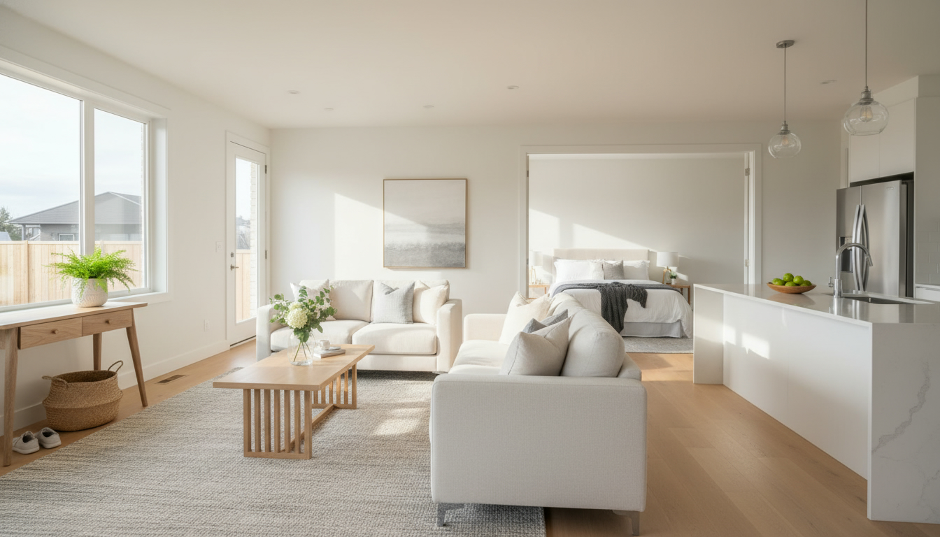 Staged modern living room and kitchen clean and ready for home showing