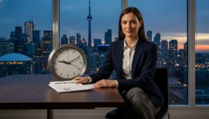 Real estate agent and client reviewing an offer with a clock and Toronto skyline visible.