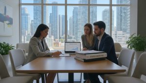 Realtor and couple reviewing condo documents and status certificate in modern condo lobby with skyline view.