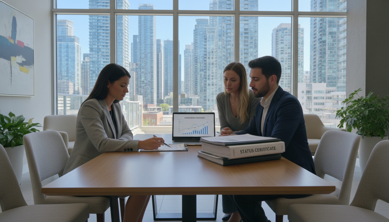 Realtor and couple reviewing condo documents and status certificate in modern condo lobby with skyline view.
