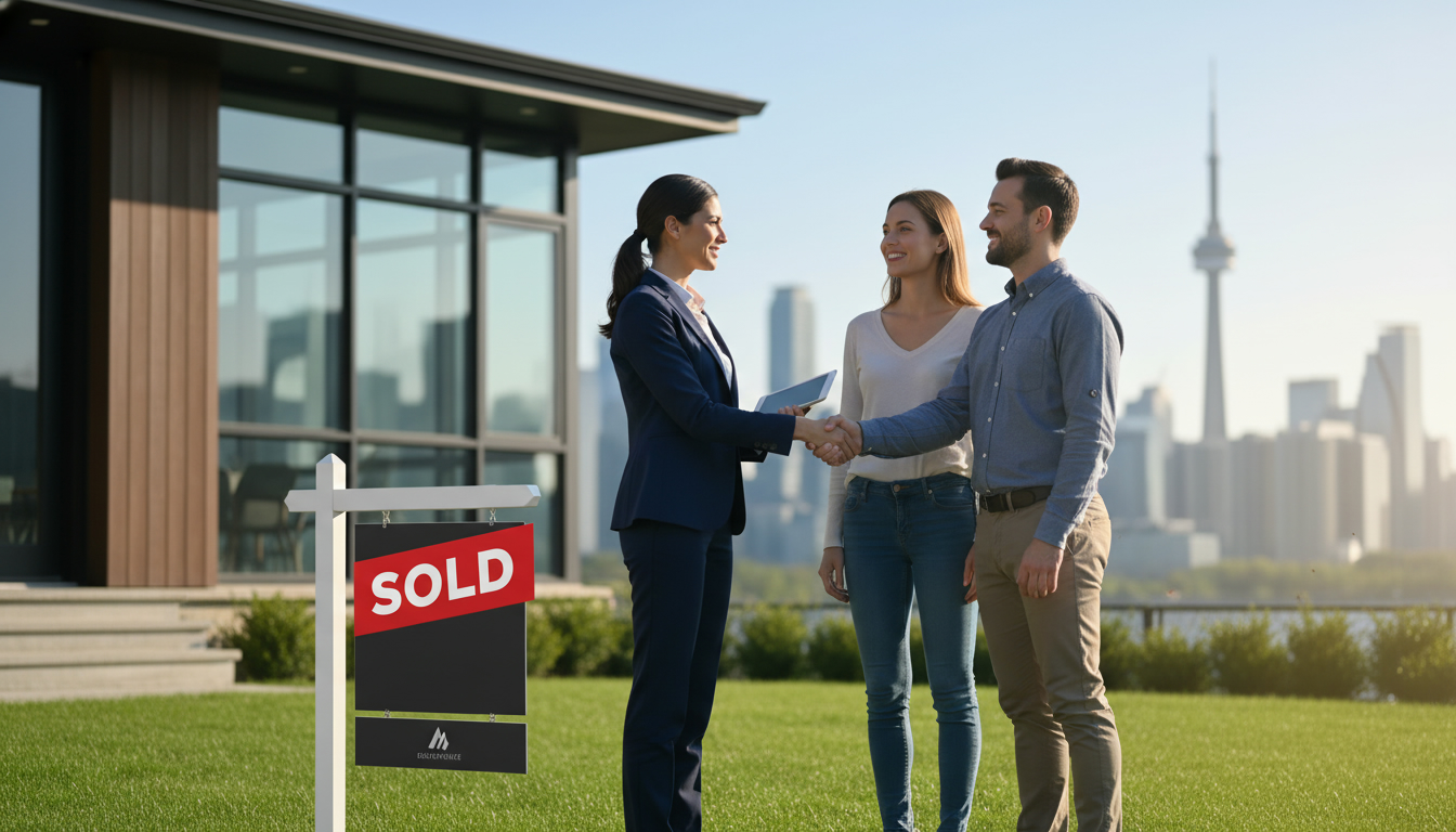 Real estate agent shaking hands with homeowners in front of a modern house with sold sign and Toronto skyline in background.