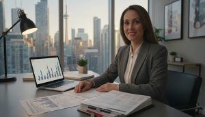 Realtor with property listings and tax documents on desk, laptop showing financial graphs, Toronto skyline in background.