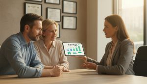 Insurance advisor showing clients a savings chart for bundled home and auto policies