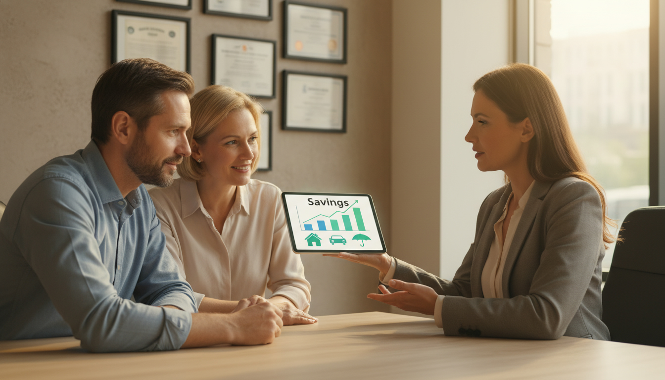 Insurance advisor showing clients a savings chart for bundled home and auto policies