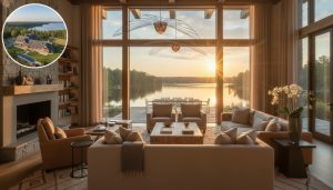 Staged luxury rural living room with lake view at sunset, modern-rustic furnishings and warm lighting