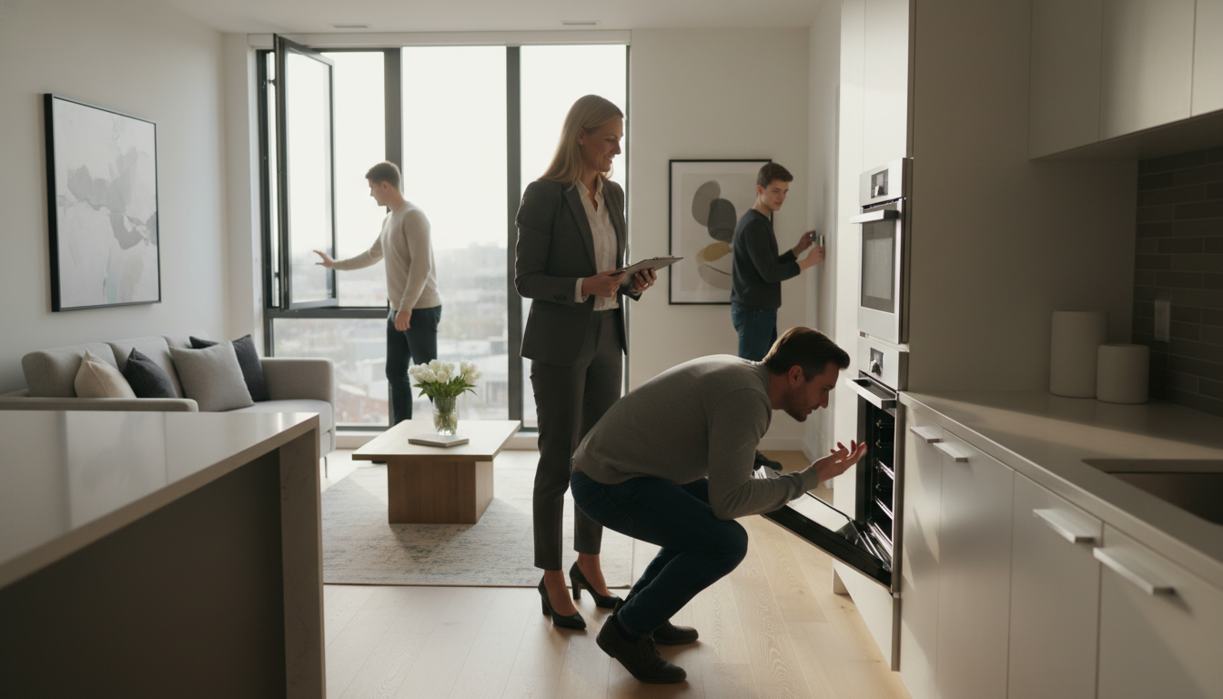 Realtor guiding buyer during final walkthrough, checking appliances and windows before closing