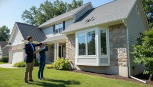 Realtor inspecting roof and foundation of a suburban house with clipboard and binoculars
