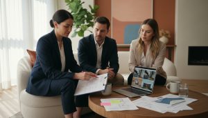 Real estate agent reviewing a home inspection report with buyers in a well-lit living room.