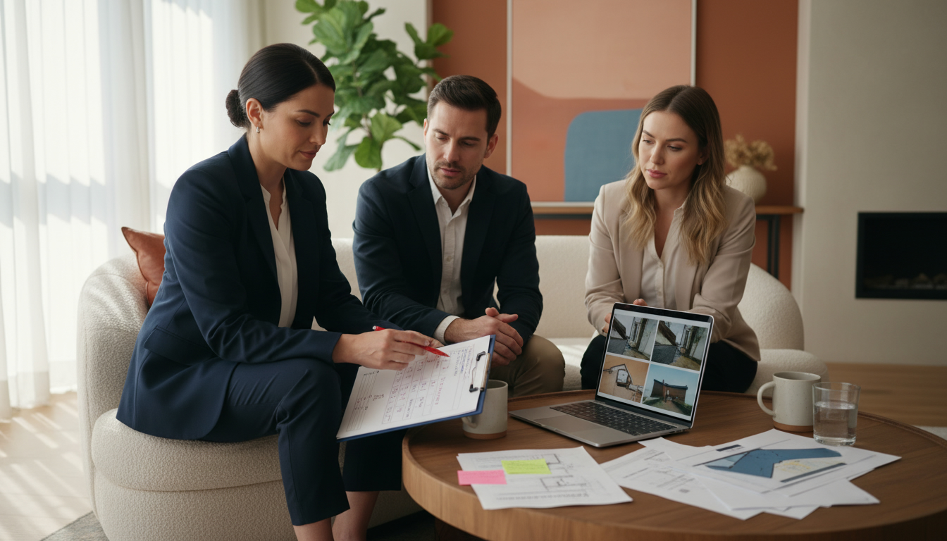 Real estate agent reviewing a home inspection report with buyers in a well-lit living room.