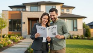 Realtor holding a home story brochure while a couple reads it in front of a suburban home