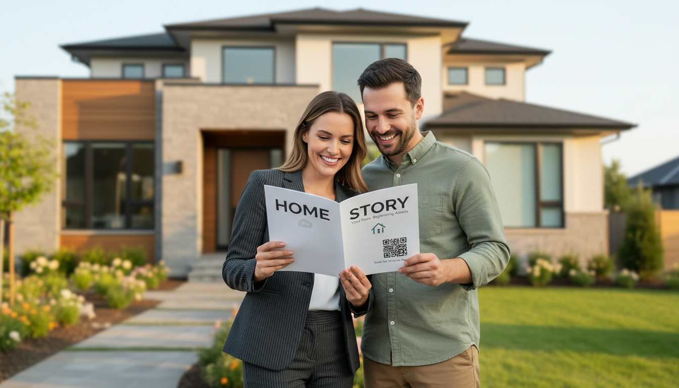 Realtor holding a home story brochure while a couple reads it in front of a suburban home