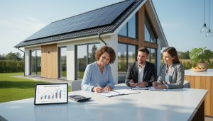Energy-efficient home with solar panels and homeowner signing mortgage papers showing energy savings charts