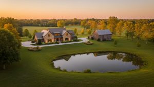 Aerial view of a luxury country home with barn, pond and rolling acreage at golden hour near Rockwood and Guelph.