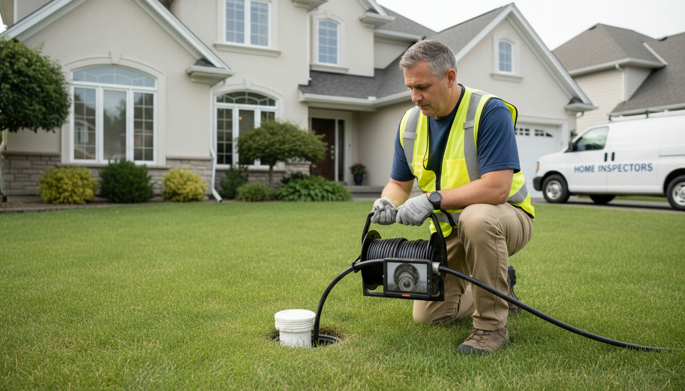 Home inspector using a CCTV sewer camera at a house sewer cleanout during a plumbing inspection