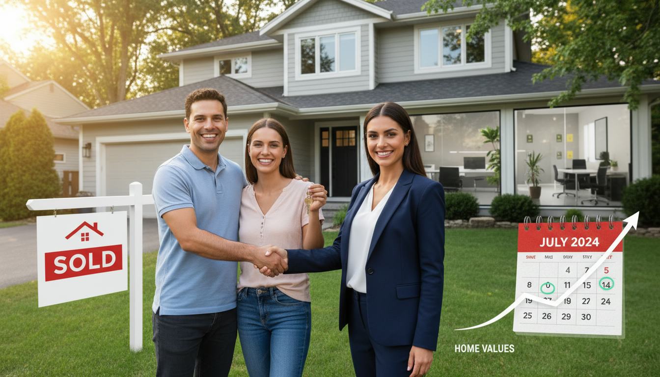 Realtor shaking hands with buyers in front of sold sign with calendar overlay showing flexible closing dates.